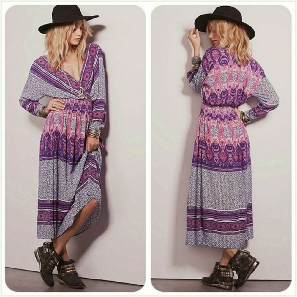 Free People She's A Lady Boho Reversible 3/4 Sleeve Midi Dress In Royal Combo M